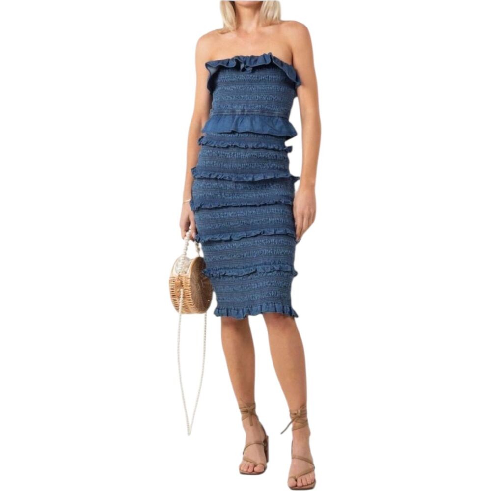 NWT Cleobella Blue Ezra Midi Strapless Dress Women’s Large Classic Blue